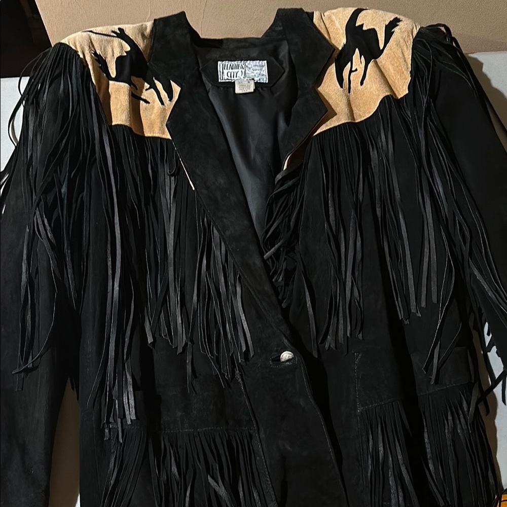 Leather City vintage genuine leather suede black and tan fringe jacket